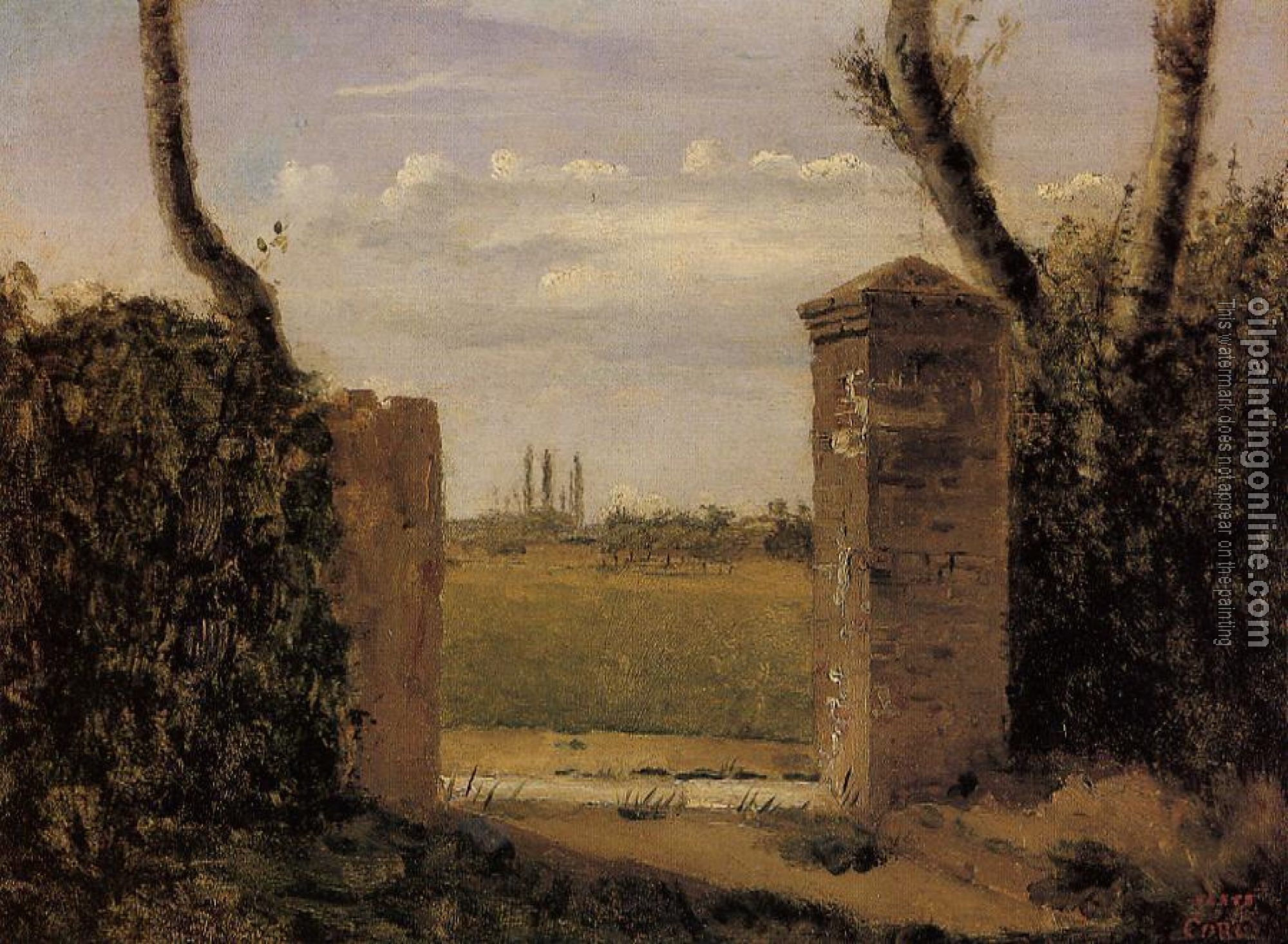 Corot, Jean-Baptiste-Camille - Boid-Guillaumi, near Rouen - A Gate Flanked by Two Posts